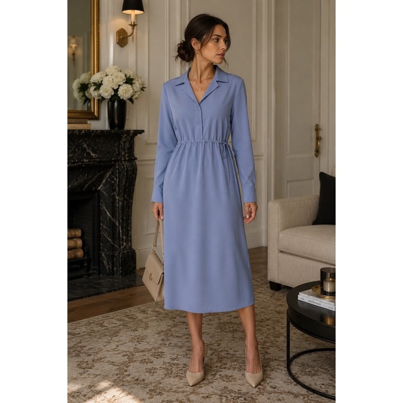 Theory Dresses & Skirts - NEW Theory Drawstring Matte Twill Dress Women 6 Blue Midi Long Sleeve